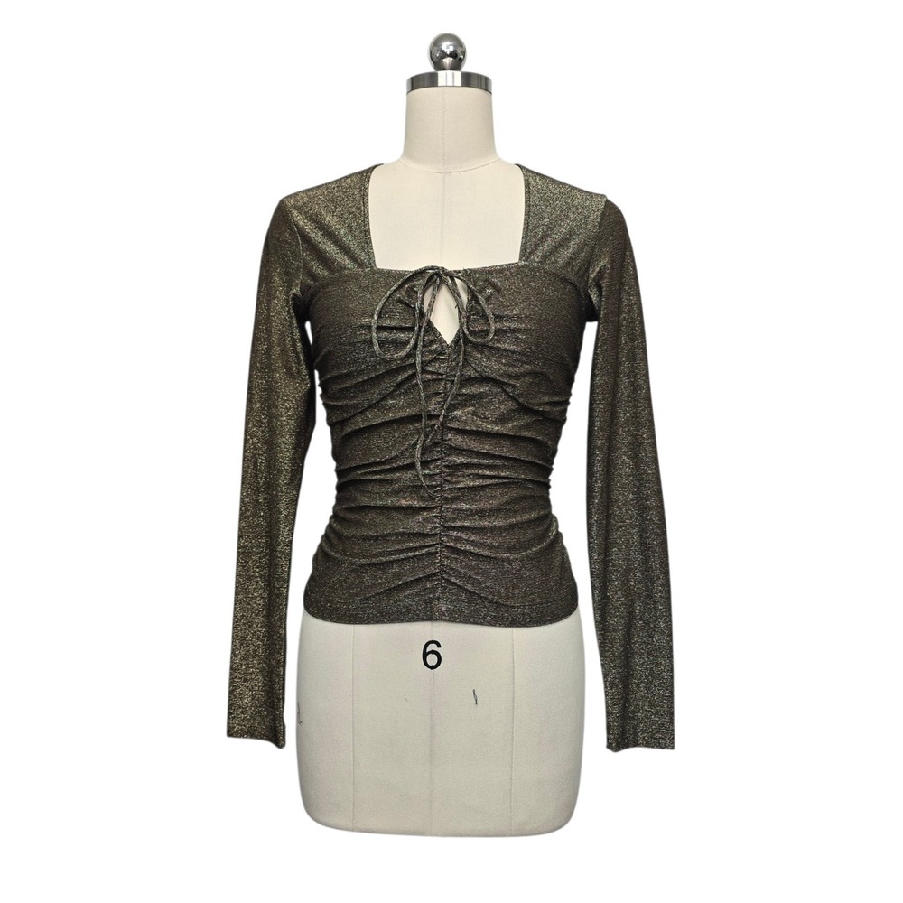 ME+EM Womens Metallic Ruched Tie Front Top Gold Black AW23JT717 Size‎ 6